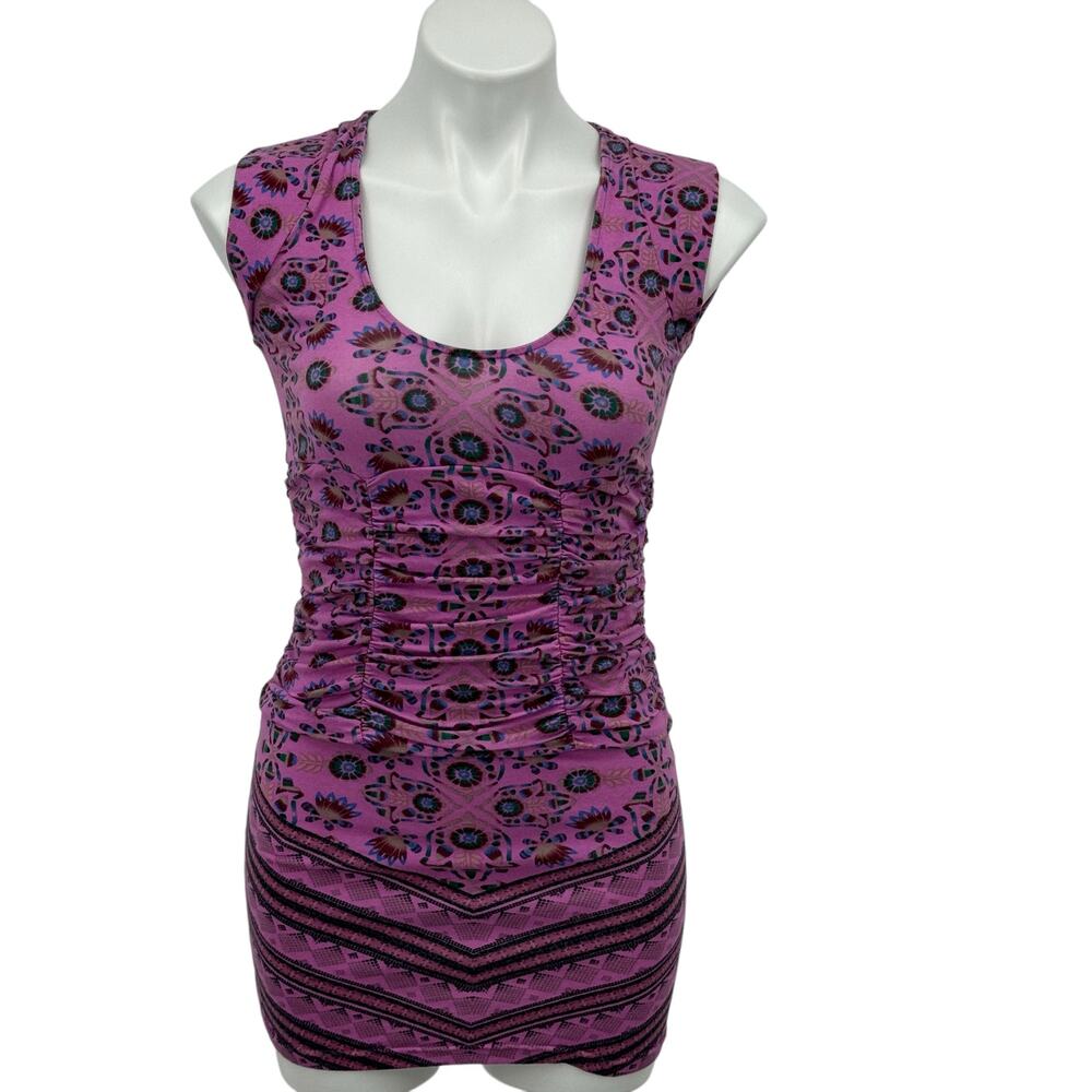 Free People Women's Mini Dress SZ XS Graphic Artistic Floral Whimsy Quirky Pink